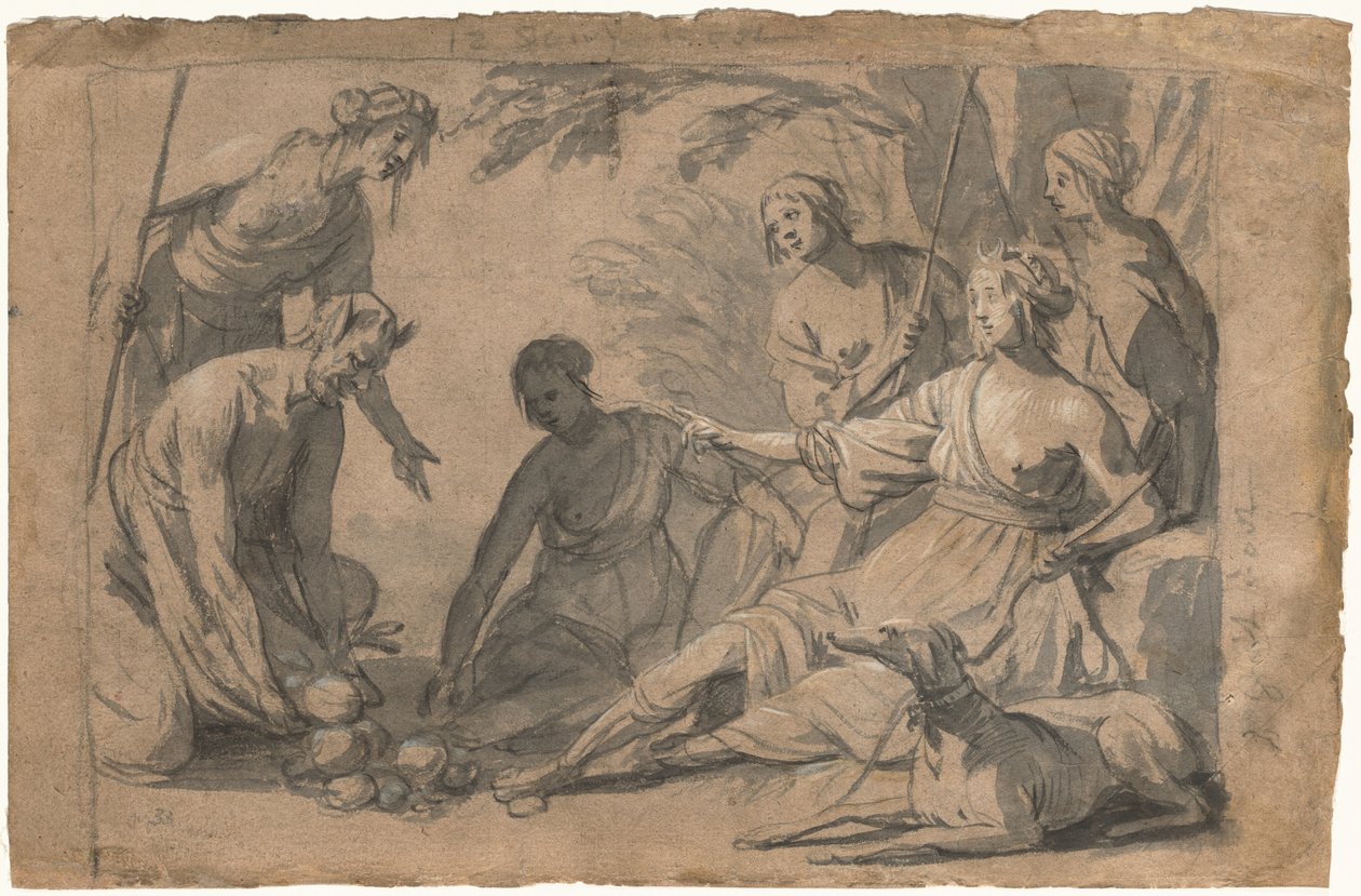 Diana en vier nimfen ontvangen geschenken van een sater door Gerrit van Honthorst