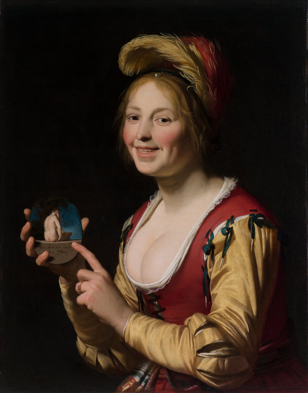 Lachend Meisje, een Courtisane, die een Obsceen Beeld Vasthoudt door Gerrit van Honthorst
