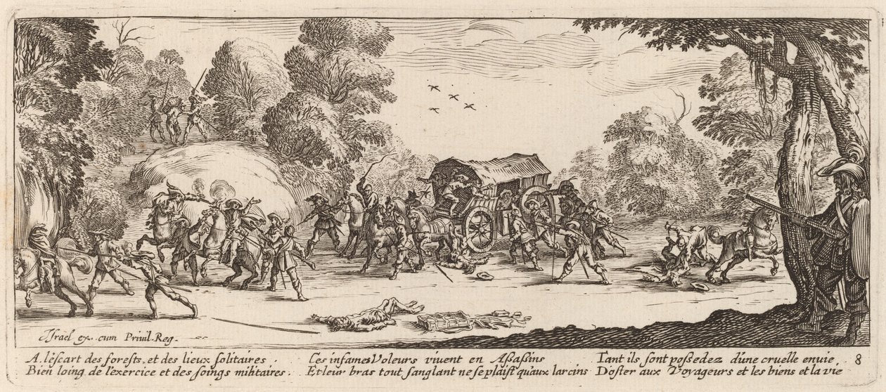Aanval op een koets door Gerrit van Schagen after Jacques Callot