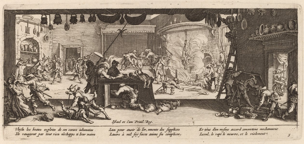 Plundering van een grote boerderij door Gerrit van Schagen after Jacques Callot