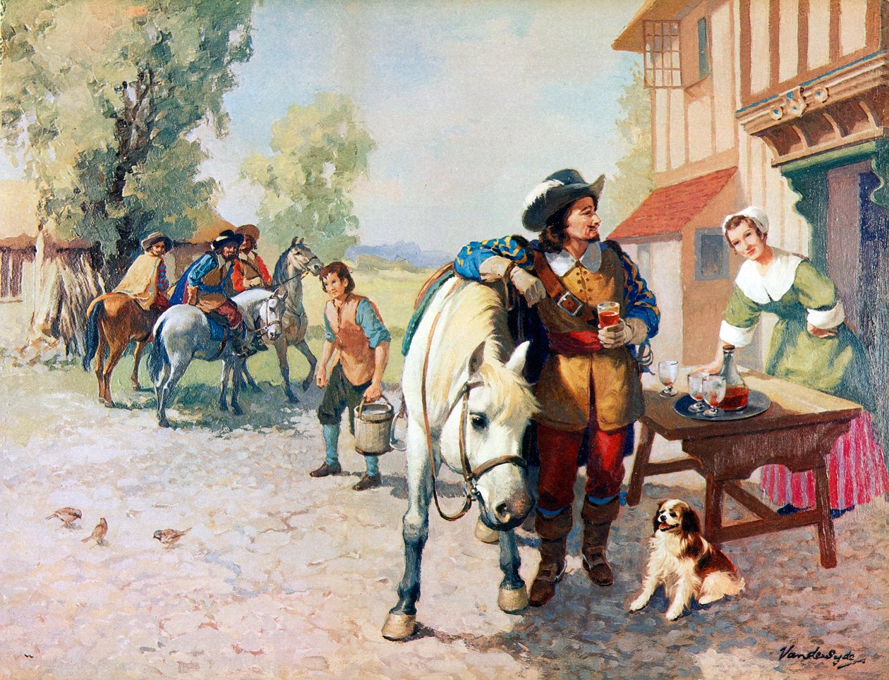 Vier cavaliers op weg naar Londen op zoek naar een hond die de eerste King Charles Spaniel werd door Gerritt Vandersyde