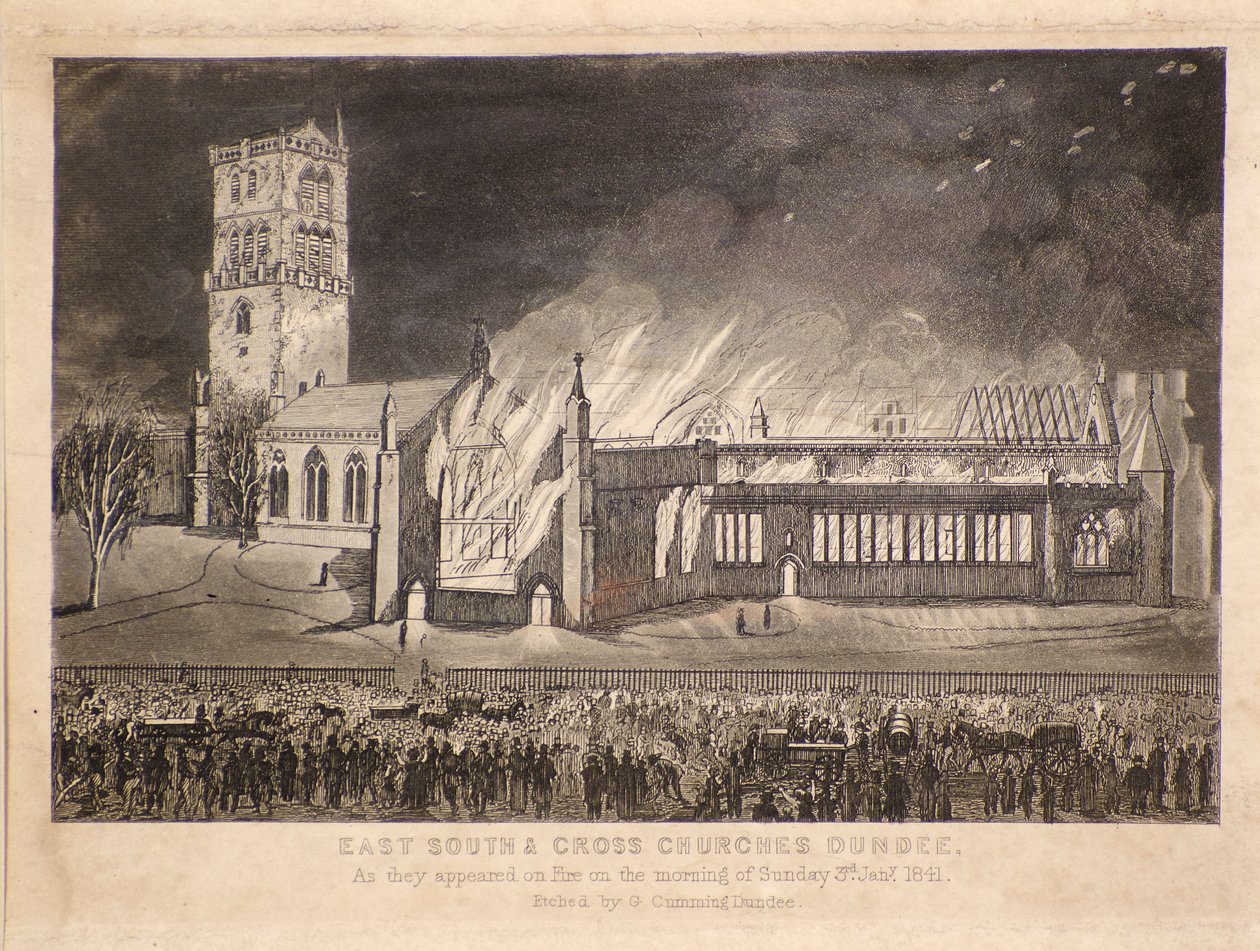 Oost-, Zuid- en Kruiskerken, Dundee, zoals ze in brand stonden op zondag 3 januari 1841 door Gershom Gourlay Cumming