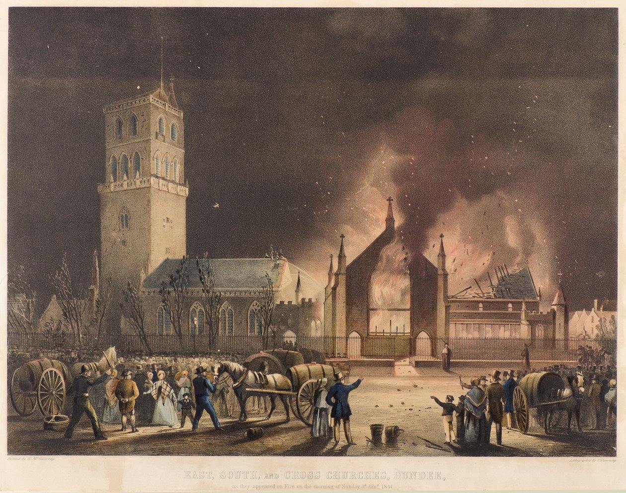 Oost-, Zuid- en Kruiskerken, Dundee, zoals ze in brand stonden op zondag 3 januari 1841, ca. 1841 door Gershom Gourlay Cumming