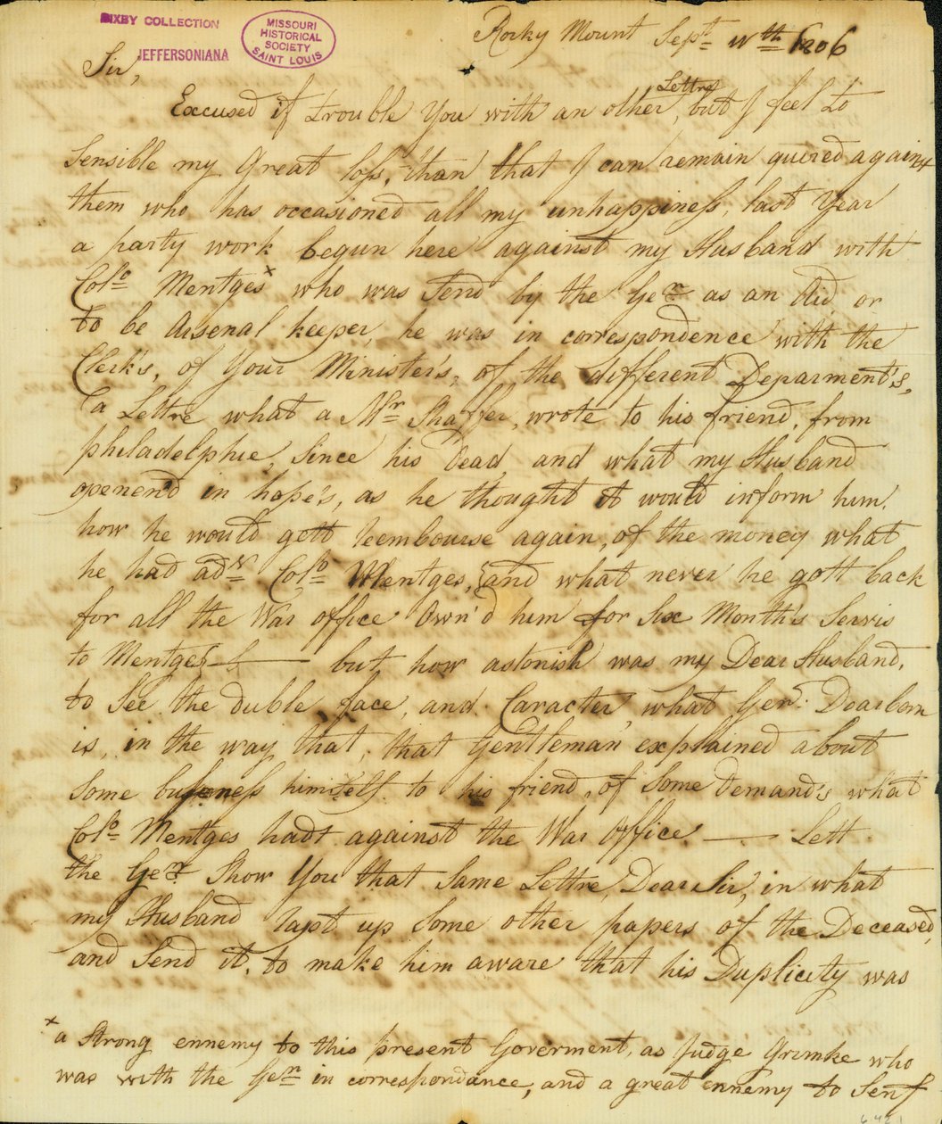 Brief ondertekend Gertrude Joan Senf, Rocky Mount, aan Thomas Jefferson, 11 september 1806 door Gertrude Joan Senf