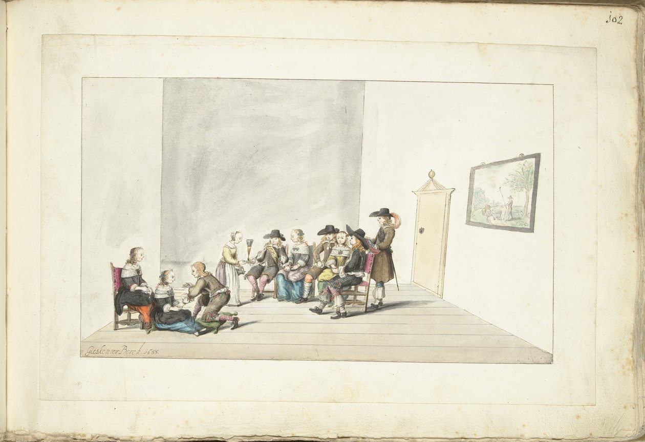 Gezelschap van tien jonge mensen in een interieur door Gesina ter Borch (signed by artist)