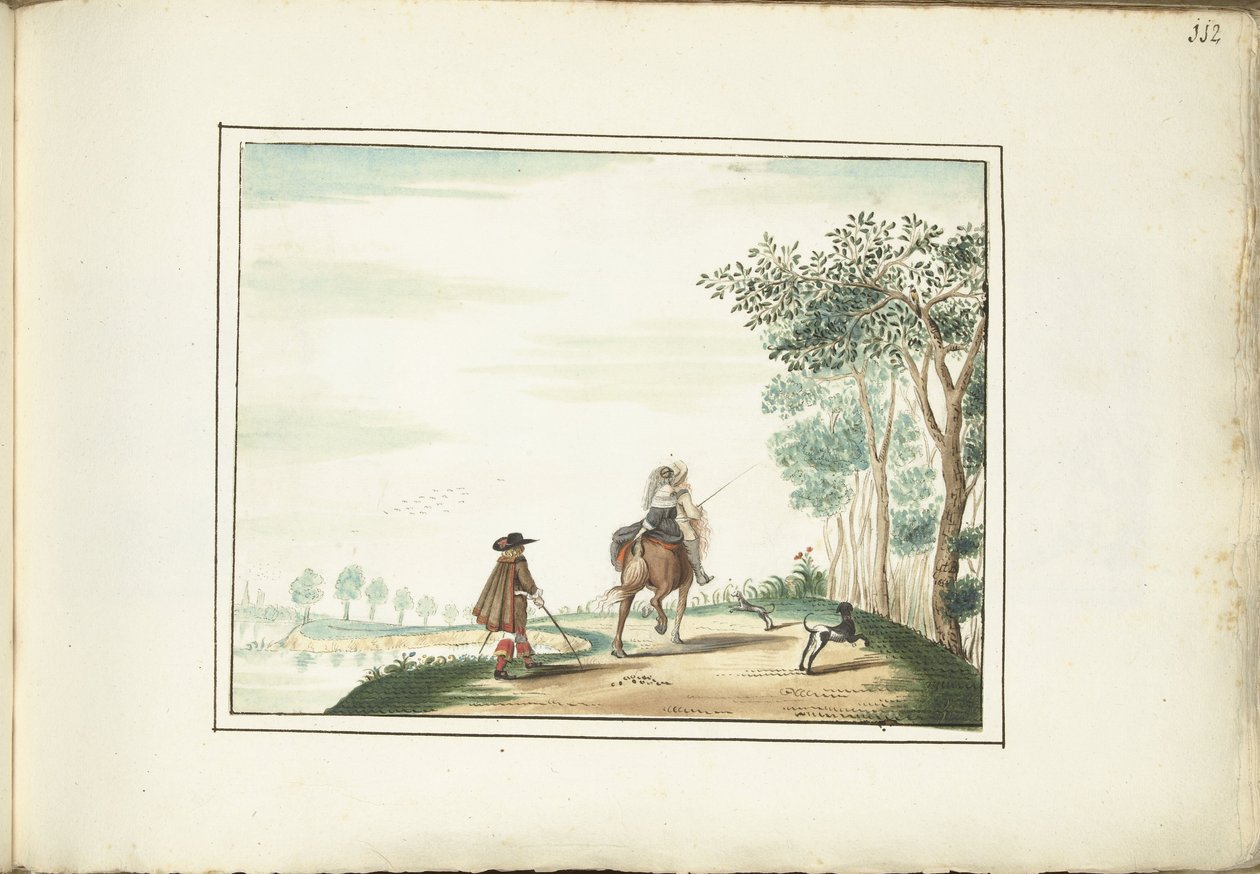 Heer en dame te paard en een voetganger in een landschap door Gesina ter Borch (signed by artist)