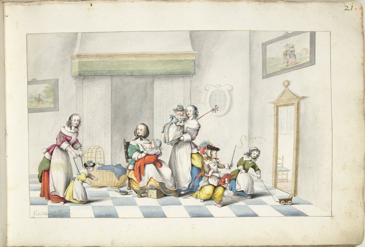 Kinderkamer met drie vrouwen en kinderen door Gesina ter Borch (signed by artist)