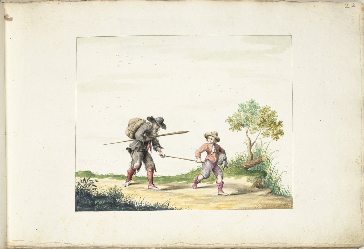 Oude blinde bedelaar geleid door een jongen door Gesina ter Borch (signed by artist)