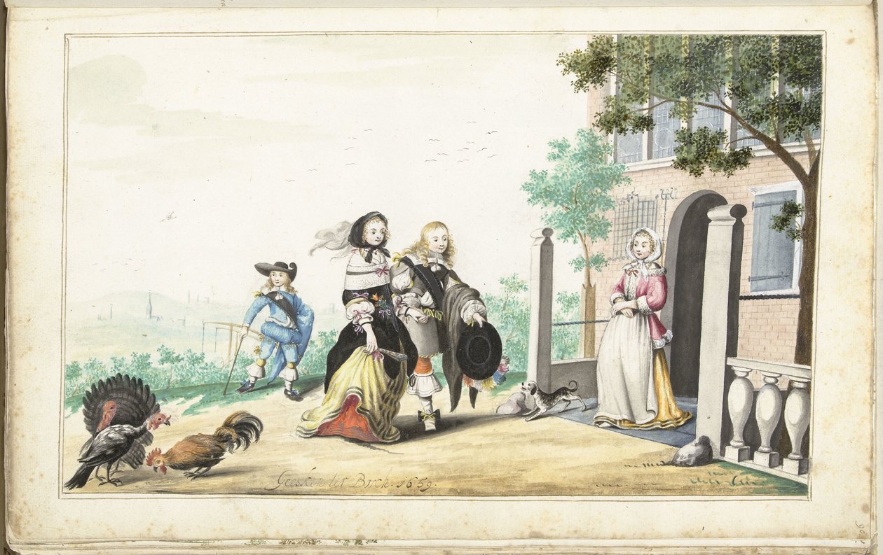 Stel begroet een dame bij de deur van een landhuis door Gesina ter Borch (signed by artist)