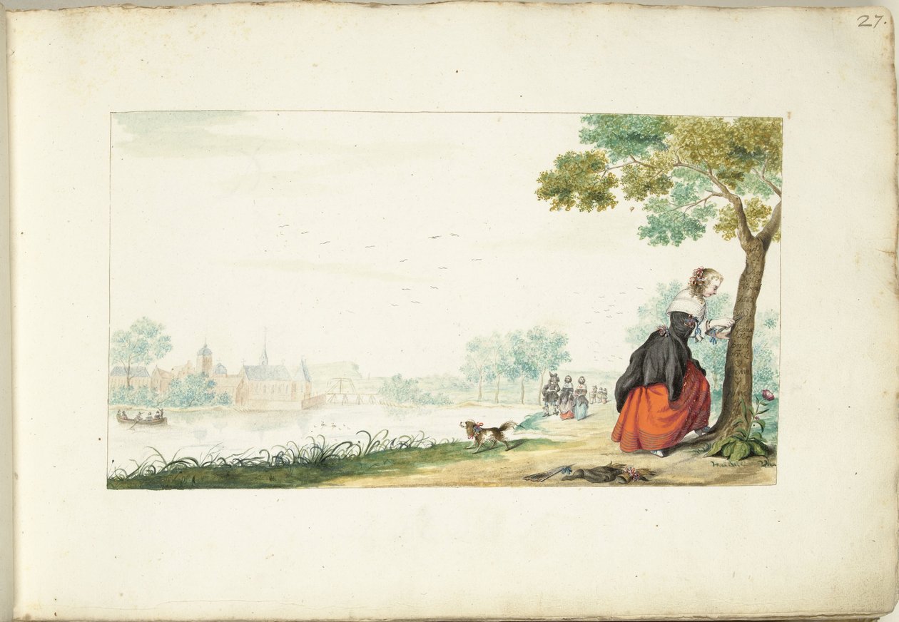 Vrouw die namen in een boom grift door Gesina ter Borch (signed by artist)