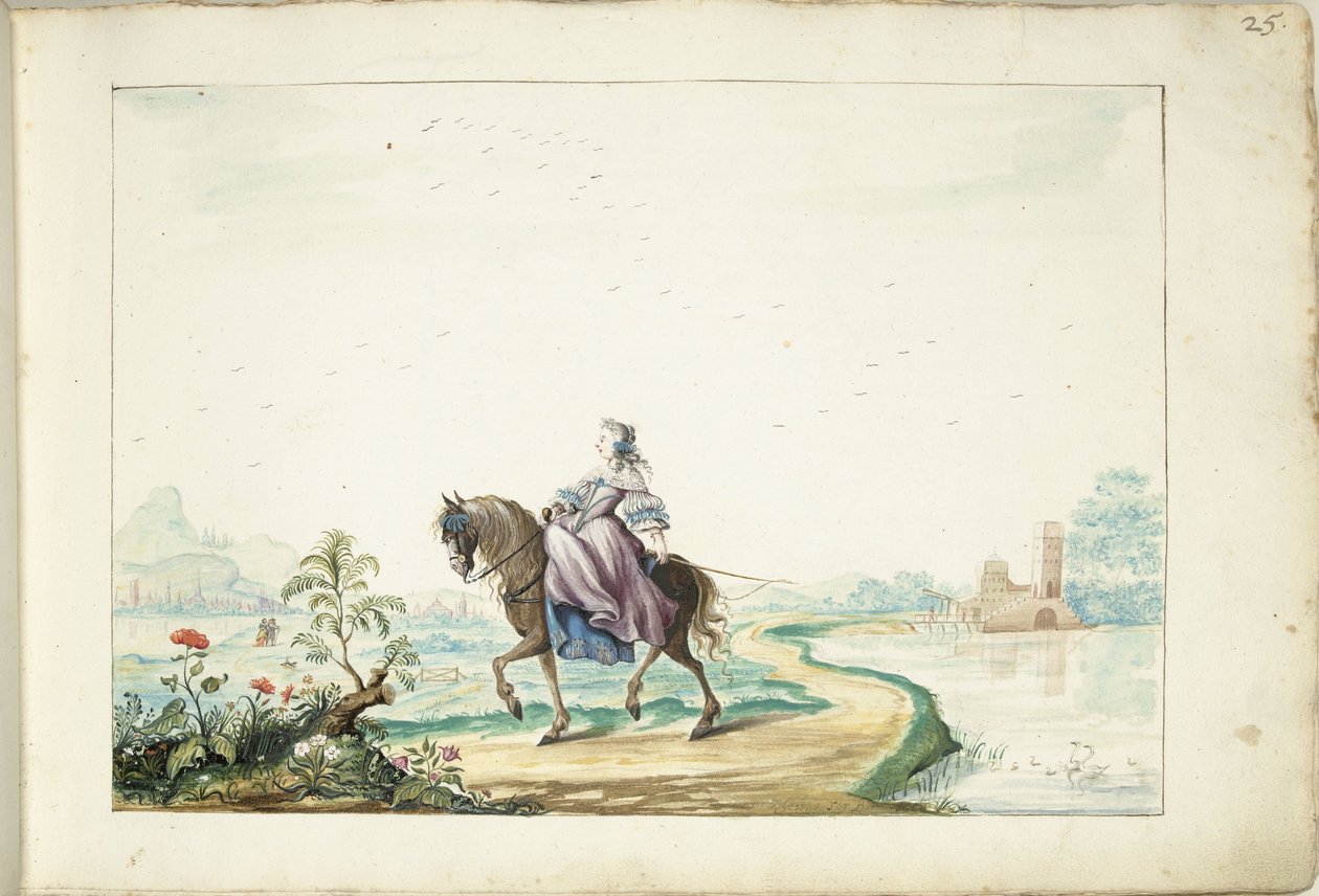 Vrouw te paard in een landschap door Gesina ter Borch (signed by artist)