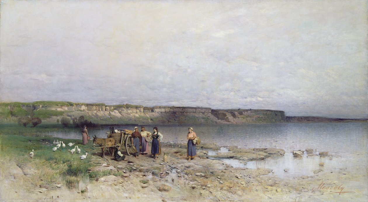 Het Balatonmeer met de oever van Akarattya, 1885 door Geza Meszoly