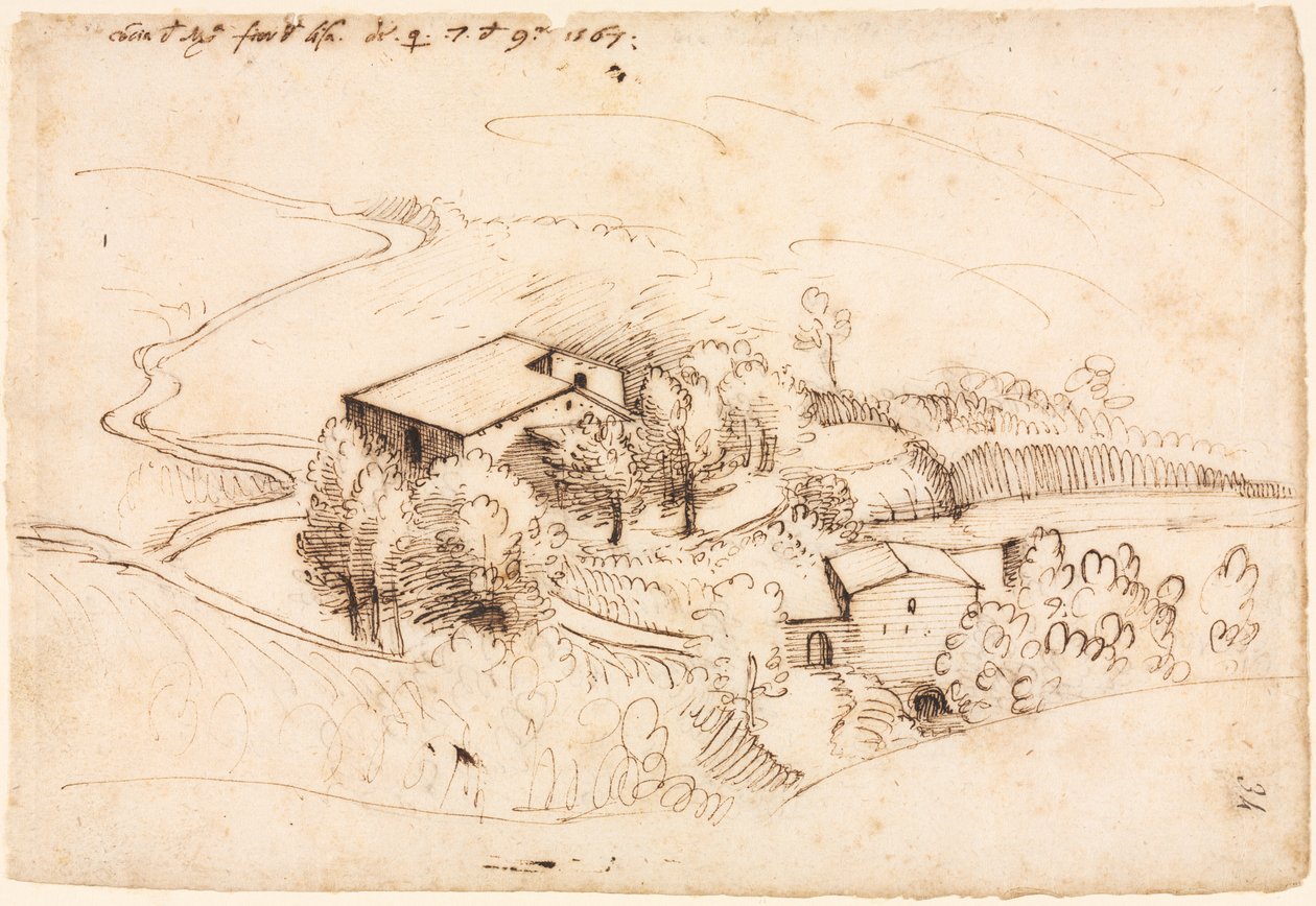 Boerderij met Bomen in een Heuvelachtig Landschap (recto) door Gherardo Cibo