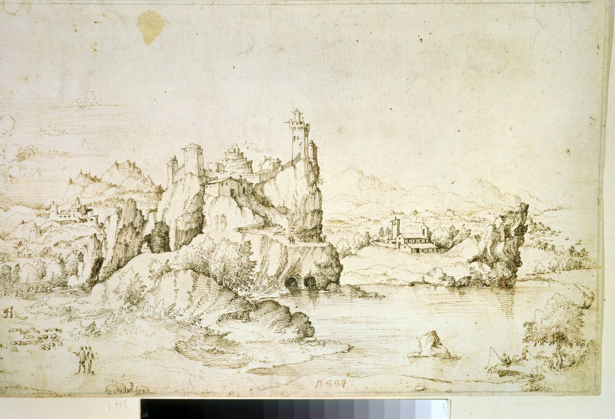 Een kasteel op een rots in berglandschap door Gherardo Cibo