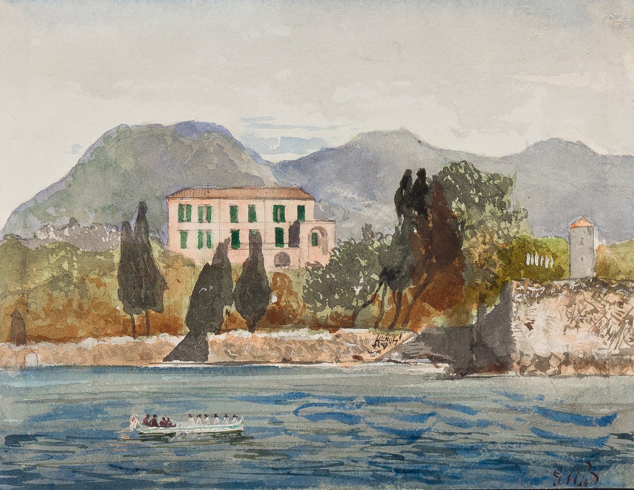 Roeiboot met de Borbone vlag nadert een groot huis aan de Napolitaanse kust, met toevoegingen door Prins Gaetano Maria Federico di Borbone (1846-1871) door Giacinto Gigante