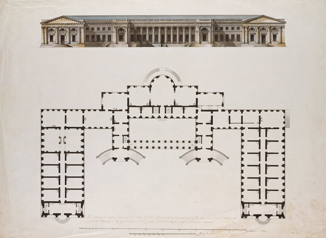 Noordelijke Elevatie en Grondplan van het Alexanderpaleis in Tsarkoe Selo, c.1780s door Giacomo Antonio Domenico Quarenghi