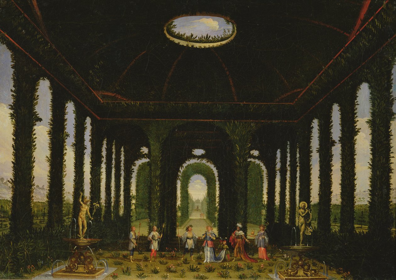 Act III, scènes XI en XIII: tuin in de vorm van een paviljoen door Giacomo Torelli