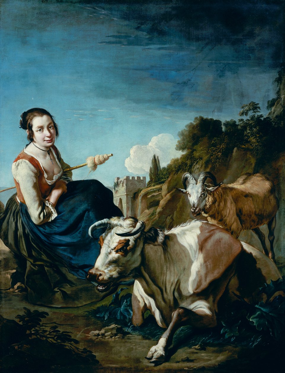 Een meisje met een koe en schapen in een rotsachtig landschap, c.1700 door Giacomo Ceruti