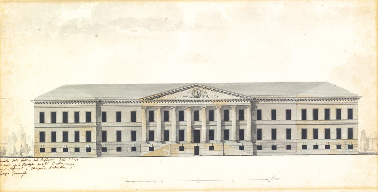Verhoging van de gevel van de Academie van Wetenschappen in Sint-Petersburg door Giacomo Antonio Domenico Quarenghi