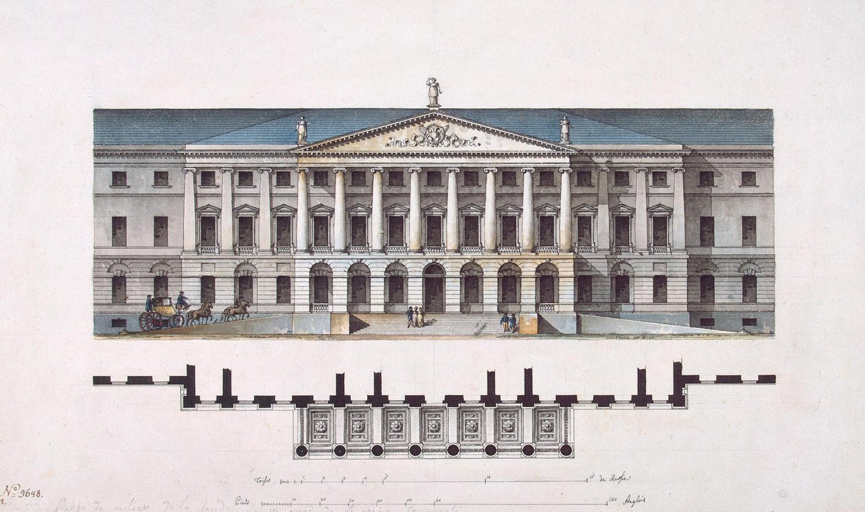 Project van Smolny Instituut. De hoofdgevel en de begane grond plattegrond, 1806-1808 door Giacomo Antonio Domenico Quarenghi