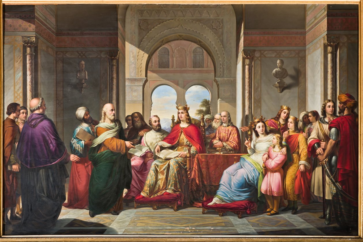 Frederik II ontvangt een boek van Aristoteles van Michael Scot door Giacomo Conti