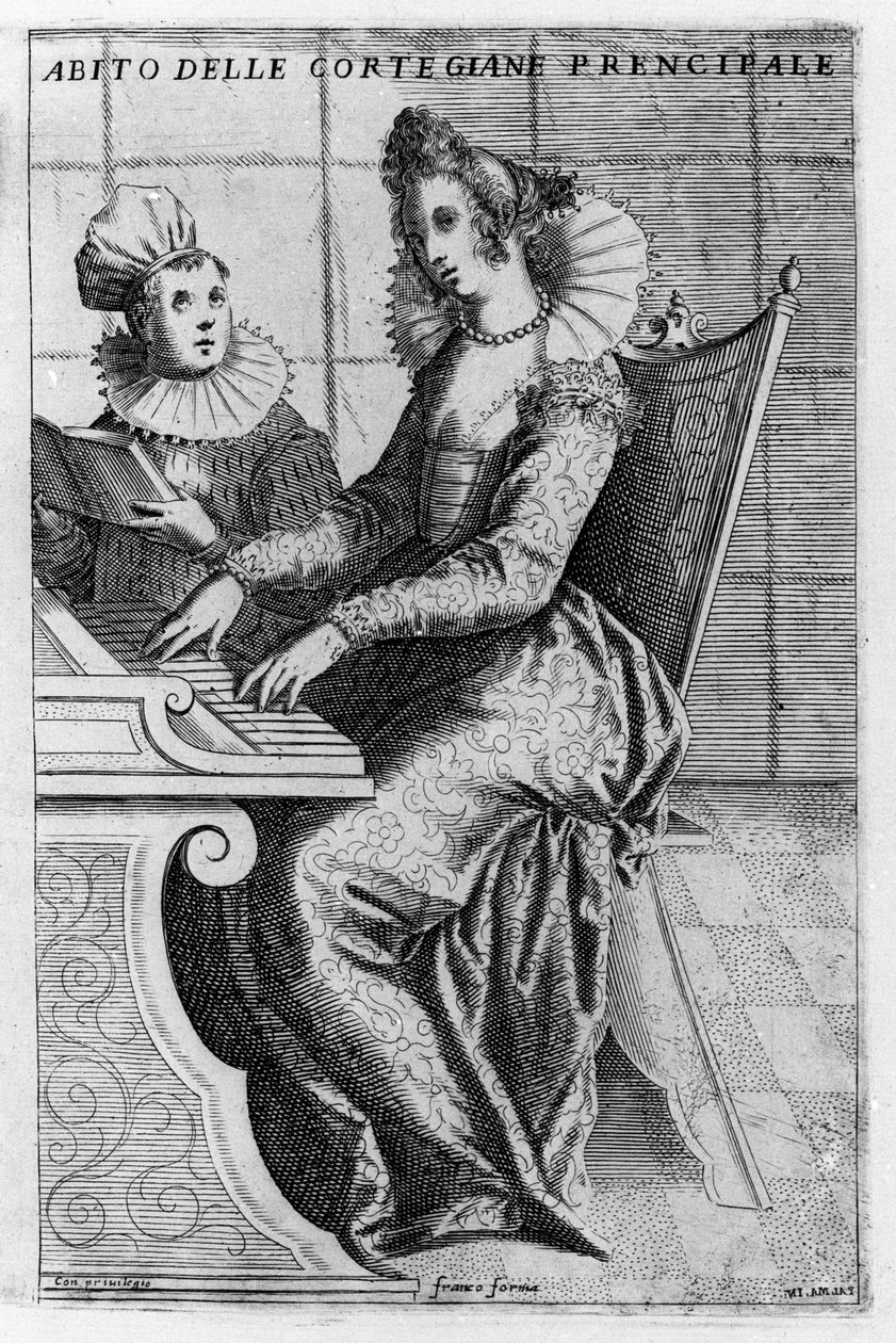 Een courtisane in elegante jurk speelt piano. Gravure door Giacomo Franco uit 