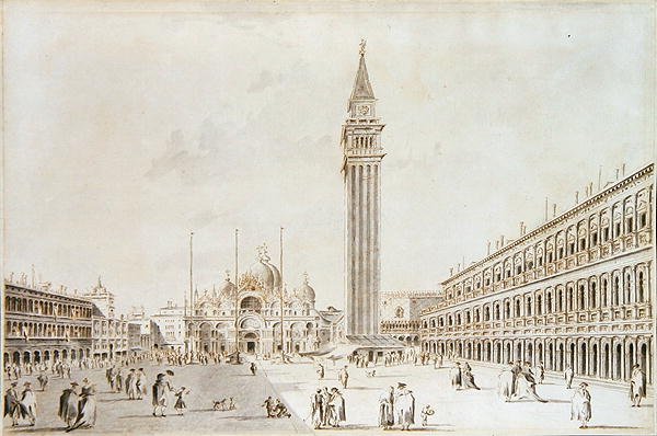 Uitzicht op het Piazza San Marco richting de Basiliek en Campanile door Giacomo Guardi