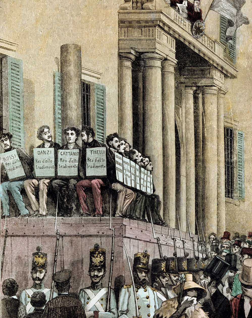 Risorgimento: leden van de Giovine Italia-beweging voor het Paleis van Justitie in Milaan, luisterend naar het vonnis dat hen veroordeelt tot ballingschap in 1848 door Giacomo Mantegazza