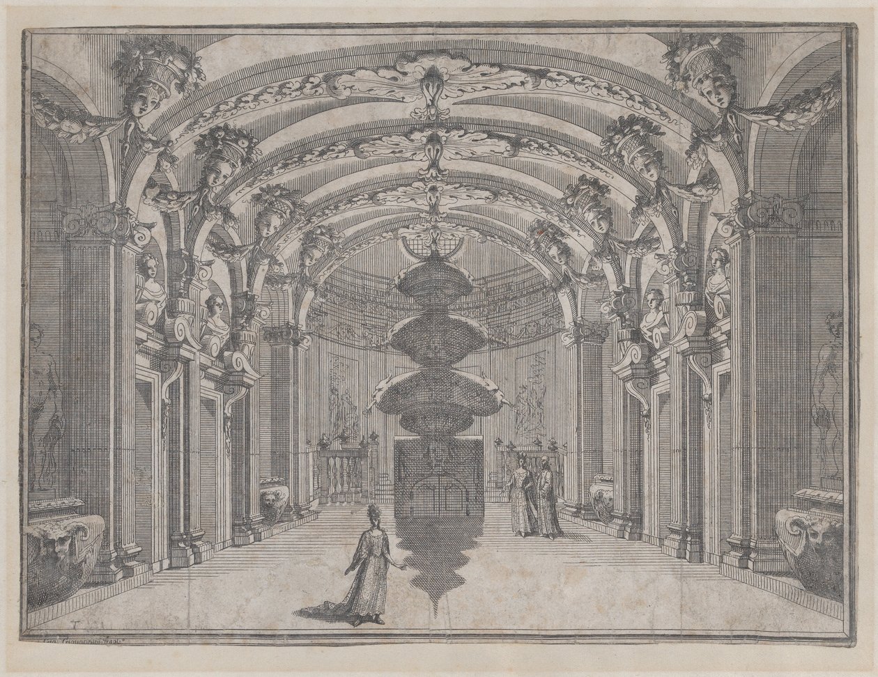 Theaterscène in een grote zaal met een gewelfd plafond en een centraal beeld, ca. 1687-1717 door Giacomo Maria Giovannini