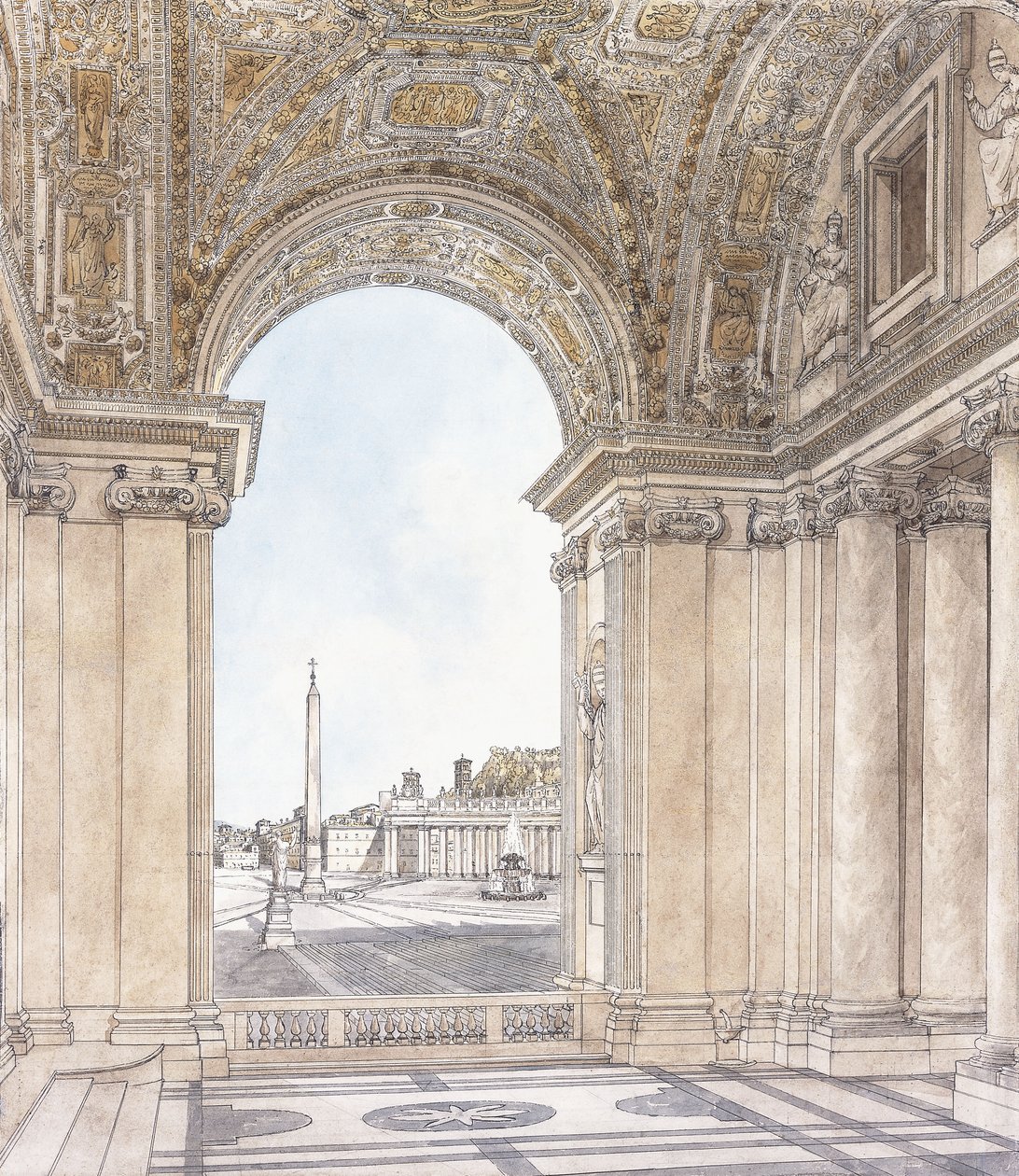 Een uitzicht op het Piazza San Pietro, Rome, kijkend naar het zuiden vanaf de portiek van de basiliek, voor 1779 door Giacomo Quarenghi