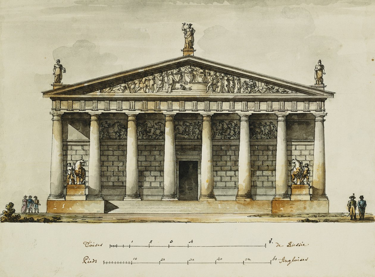 Ontwerpen voor de rijschool van de Horse Guards, St. Petersburg: Elevaties, sectie en grondplan door Giacomo Quarenghi