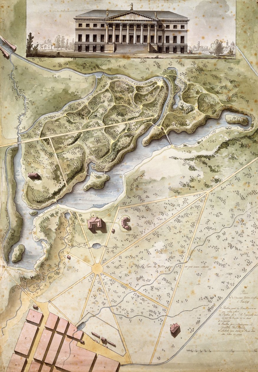 Peterhof, Rusland: Elevatie van het Engelse Paleis en Plan van het Park door Giacomo Quarenghi