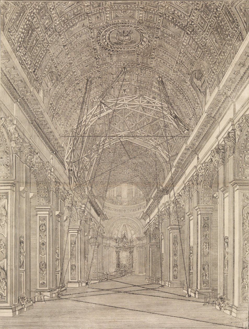 Steigers opgericht voor de restauratie van het gewelf in de Sint-Pietersbasiliek: Overzicht... (ca. 1773) door Giacomo Sangermano