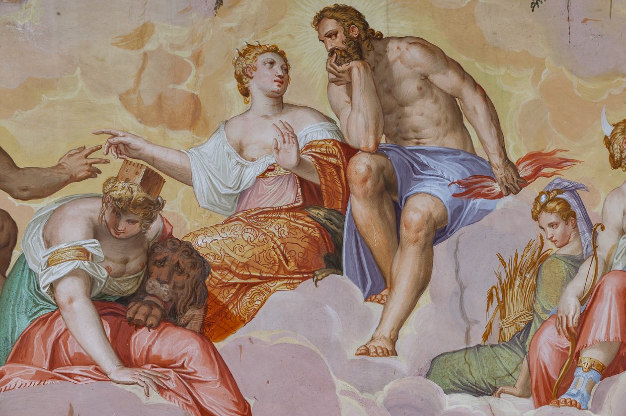 Juno, Jupiter, Cybele liggend op wolken, boven architectonische ruïnes, detail van de Kamer van Olympus, ca.1557 door Giambattista Zelotti