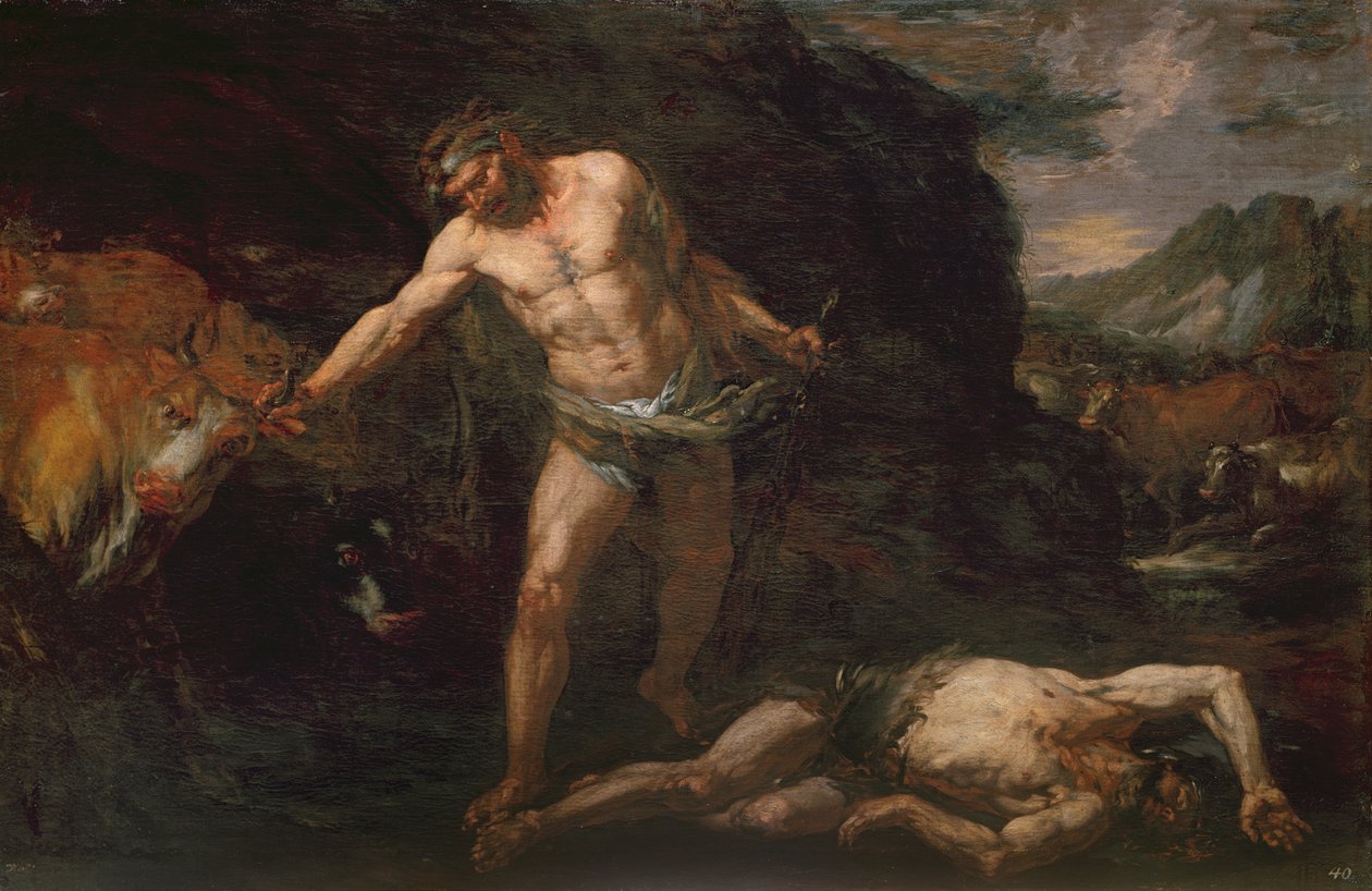 Hercules Doodt de Reus Cacus en Steelt het Vee van Geryon Terug door Giambattista Langetti