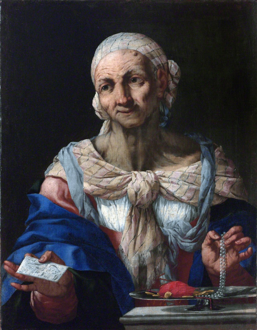 Oude vrouw met een parelketting en brief (Vanitas) door Giambattista Langetti