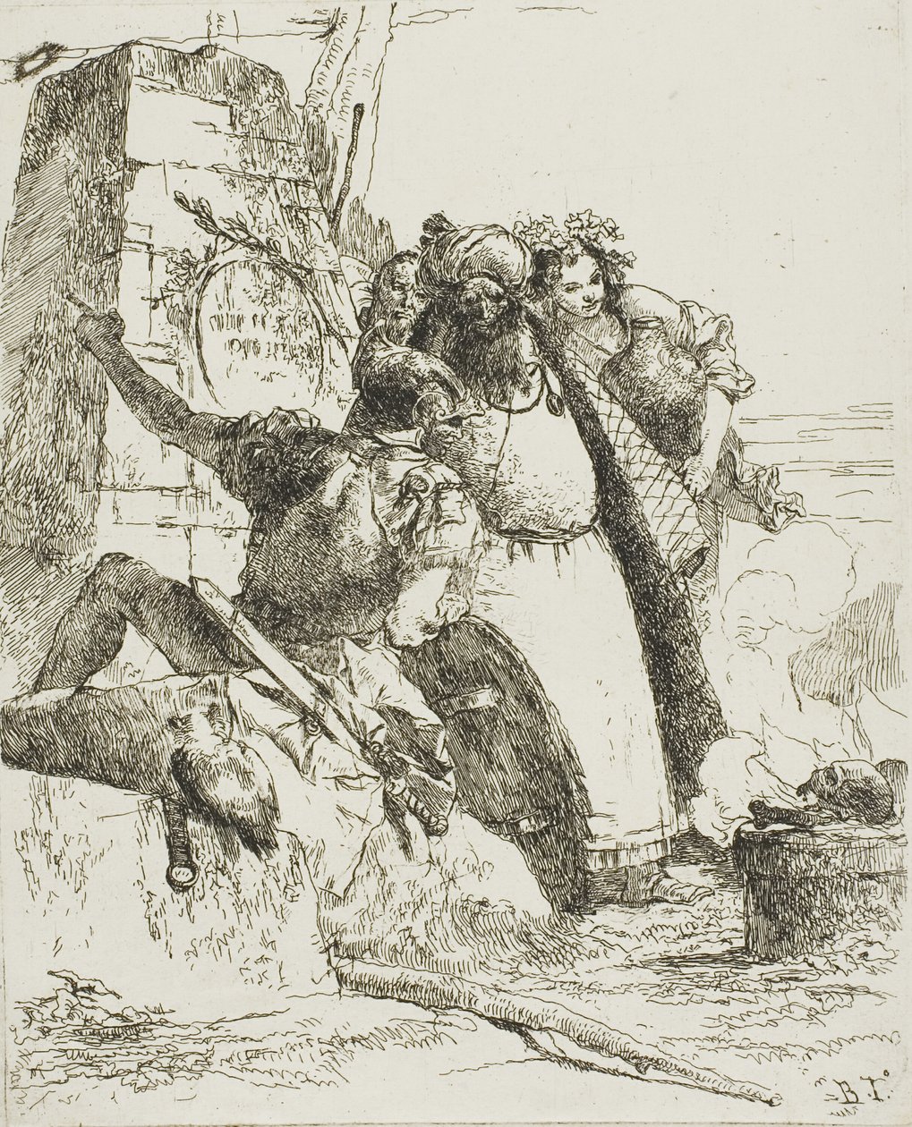Een tovenaar, een soldaat en drie figuren die een brandende schedel bekijken, uit Scherzi door Giambattista Tiepolo