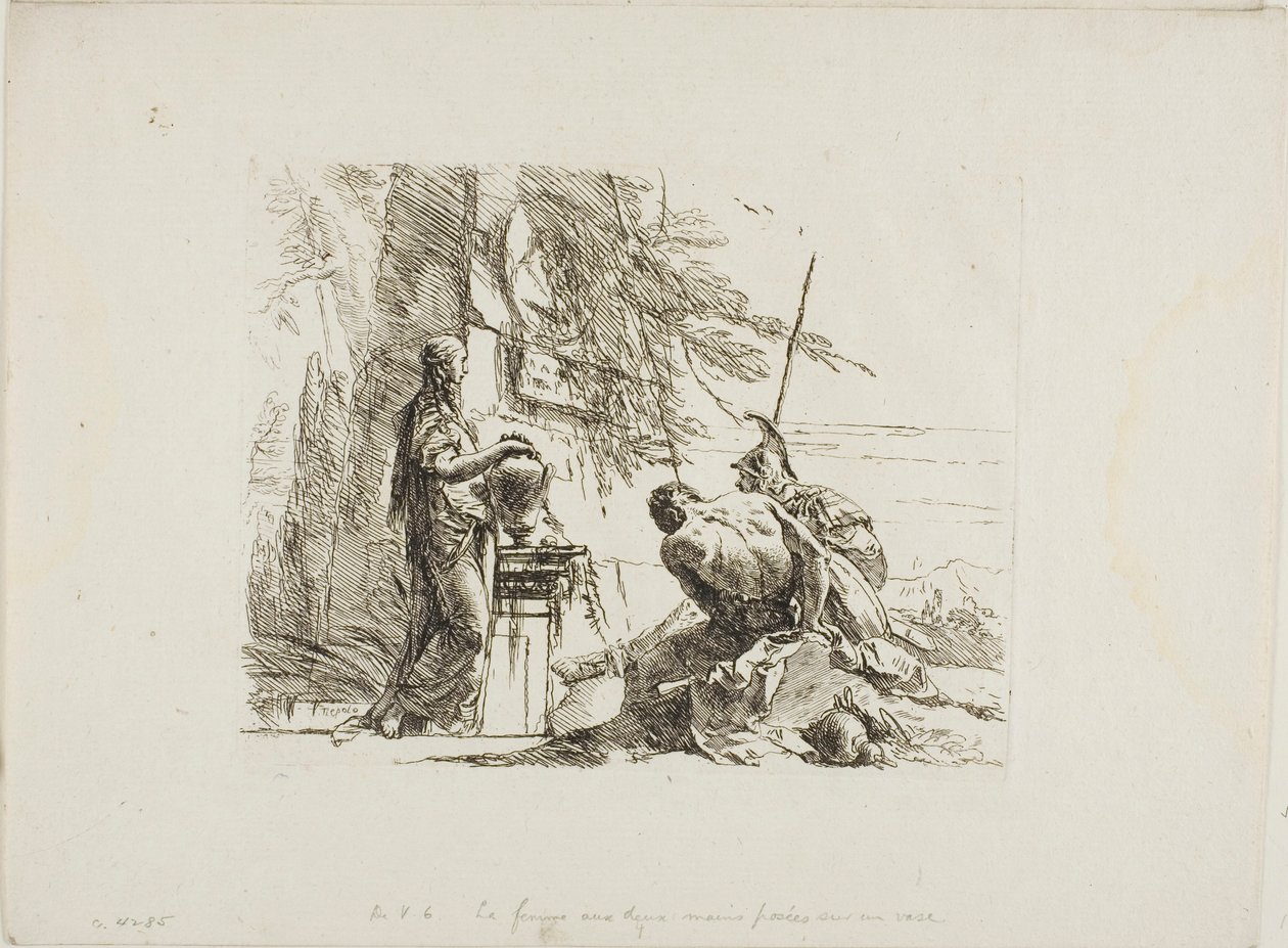 Een vrouw met haar handen op een vaas, soldaat en slaaf, uit Capricci door Giambattista Tiepolo