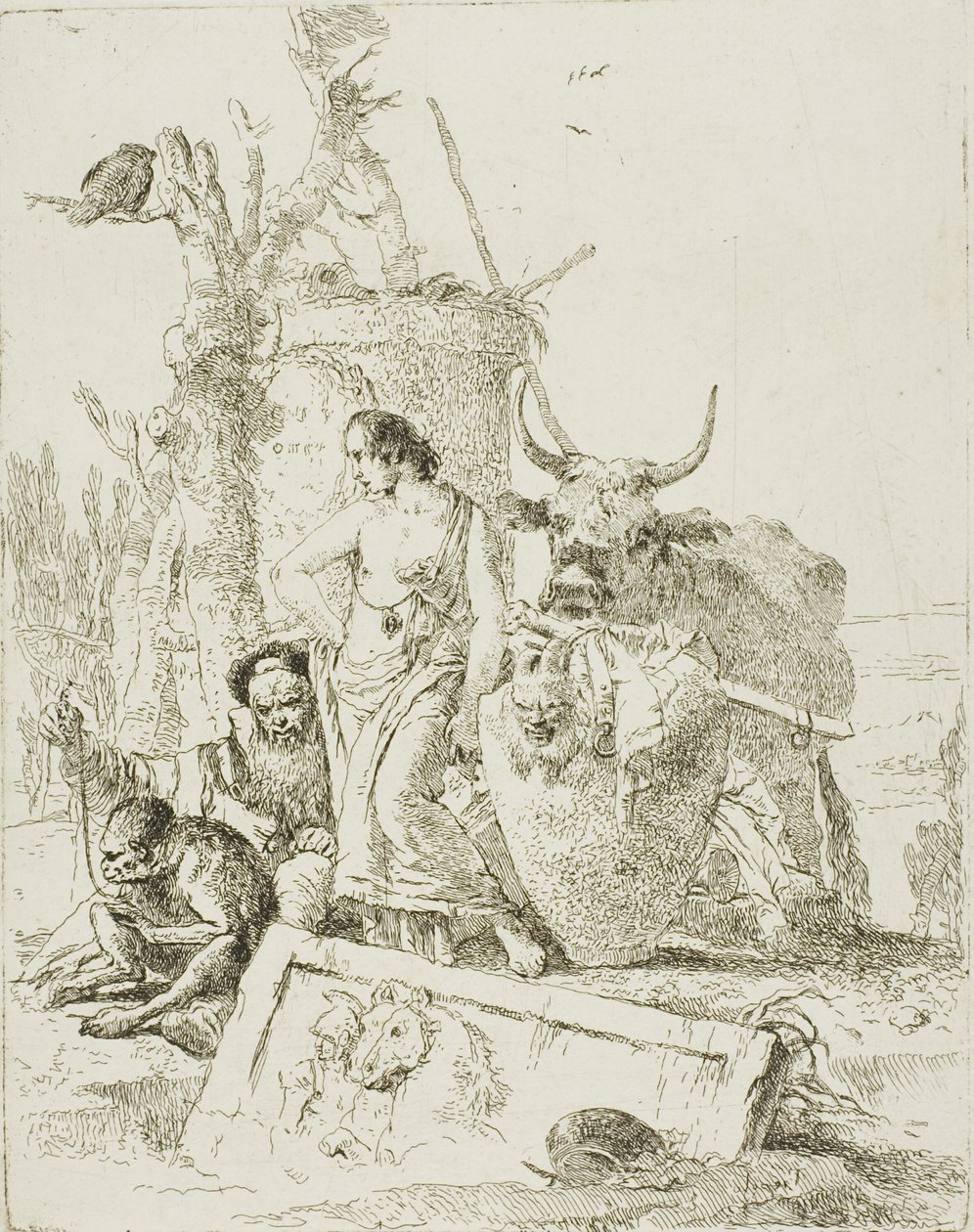 Jonge Herders en Oude Man met een Aap, uit Scherzi door Giambattista Tiepolo