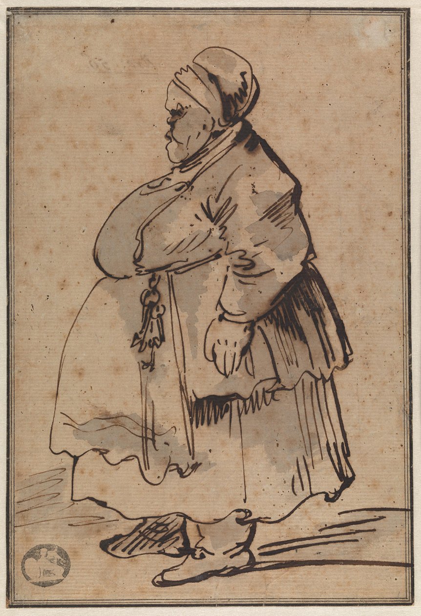 Karikatuur van een dikke vrouw, in linkerprofiel, met een sleutelbos aan de ceintuur van haar schort gebonden, ook wel „de conciërge” genoemd door Gian Lorenzo Bernini