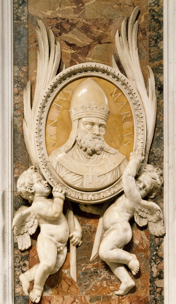 San Marco, reliëf door Gian Lorenzo Bernini, detail van marmeren decoratie langs pilaren van hoofdgang, Sint-Pietersbasiliek, Rome, Vaticaanstad door Gian Lorenzo Bernini