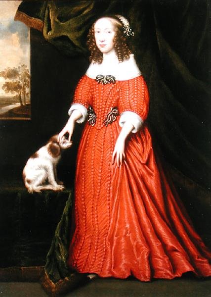 Portret van een jonge dame in een rode jurk met een huisdier spaniël door Gilbert (attr.to) Jackson