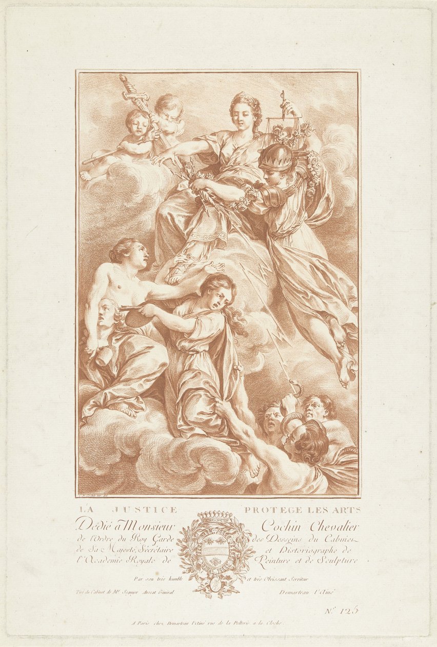 Allegorie met Justitia als beschermster van de kunsten door Gilles Demarteau