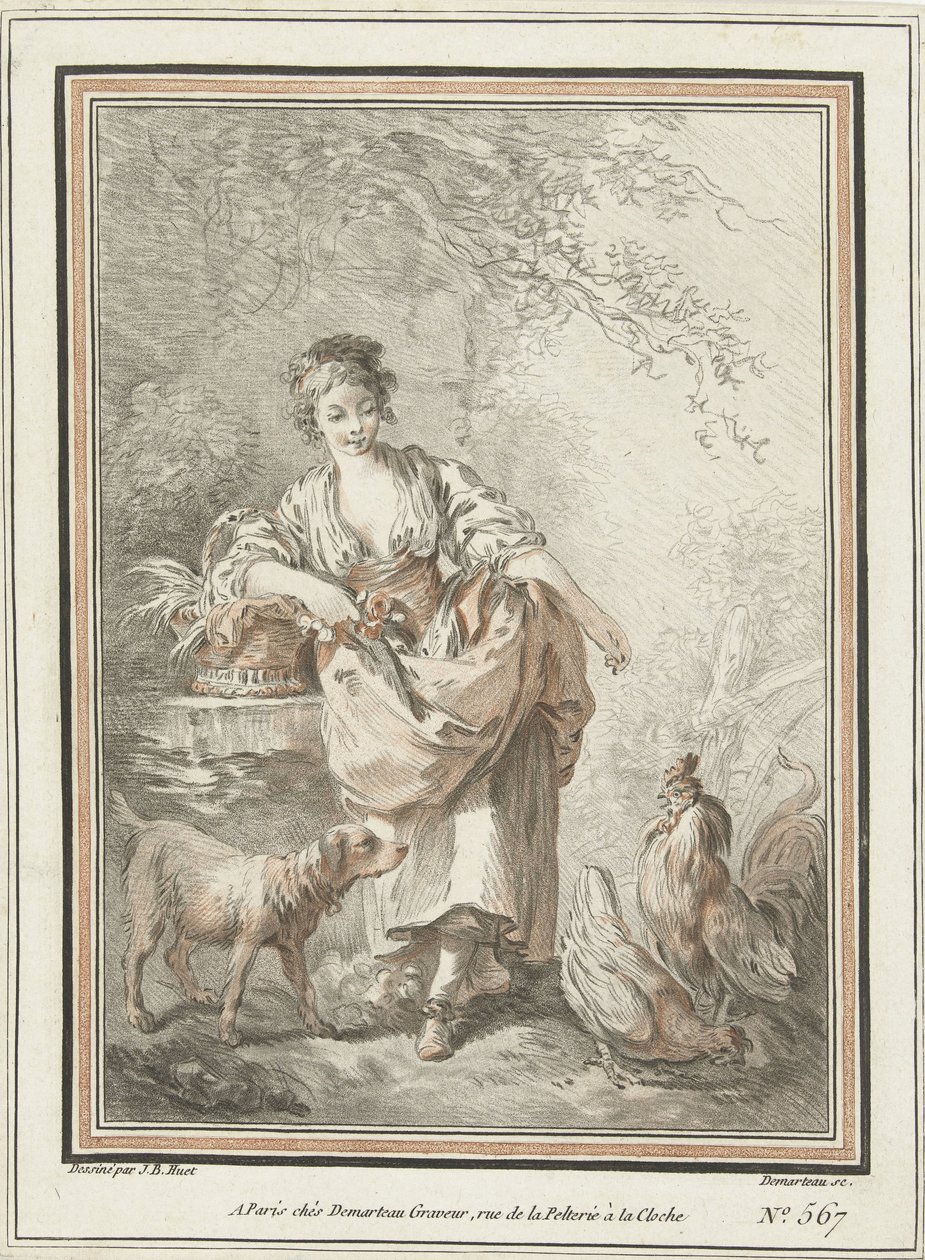 Jonge vrouw met hond en haan en hen door Gilles Demarteau