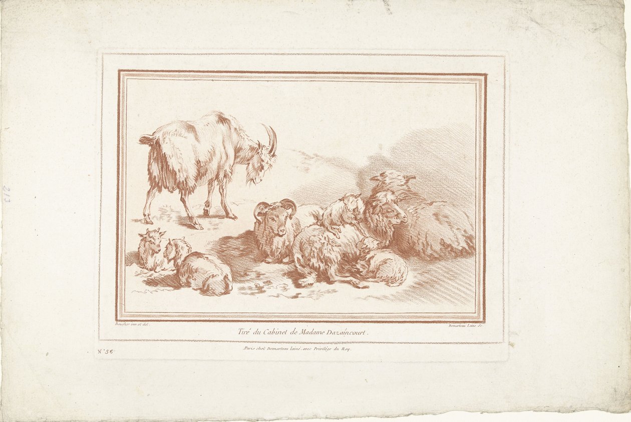 Liggende schapen met lammeren en geit met jongen door Gilles Demarteau