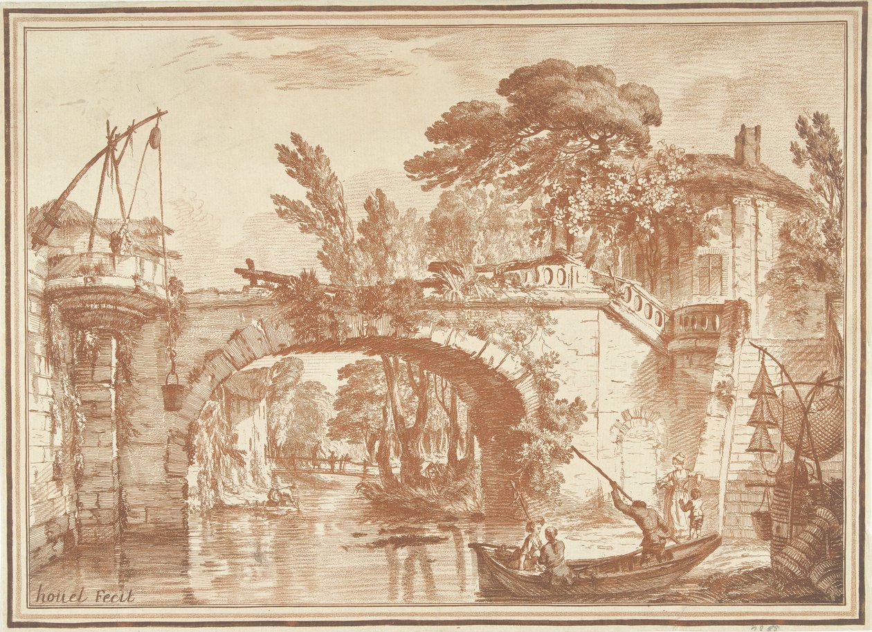 Zuidelijk landschap met brug en huizen bij rivier door Gilles Demarteau