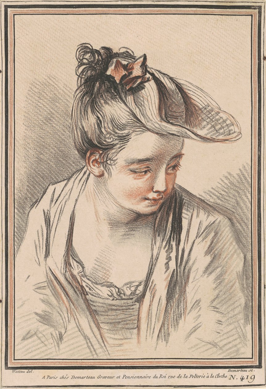 Hoofd van een Jonge Vrouw met een Hoed door Gilles Demarteau the Elder after Antoine Watteau