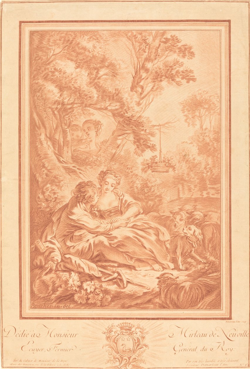Twee Geliefden Zittend aan de Voet van een Grote Boom, Verrast door Twee Meisjes door Gilles Demarteau, the Elder after François Boucher