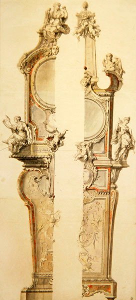 Ontwerp van een kast voor klok en barometer met thermometer, twee versies, begin jaren 1730 door Gilles Marie Oppenord
