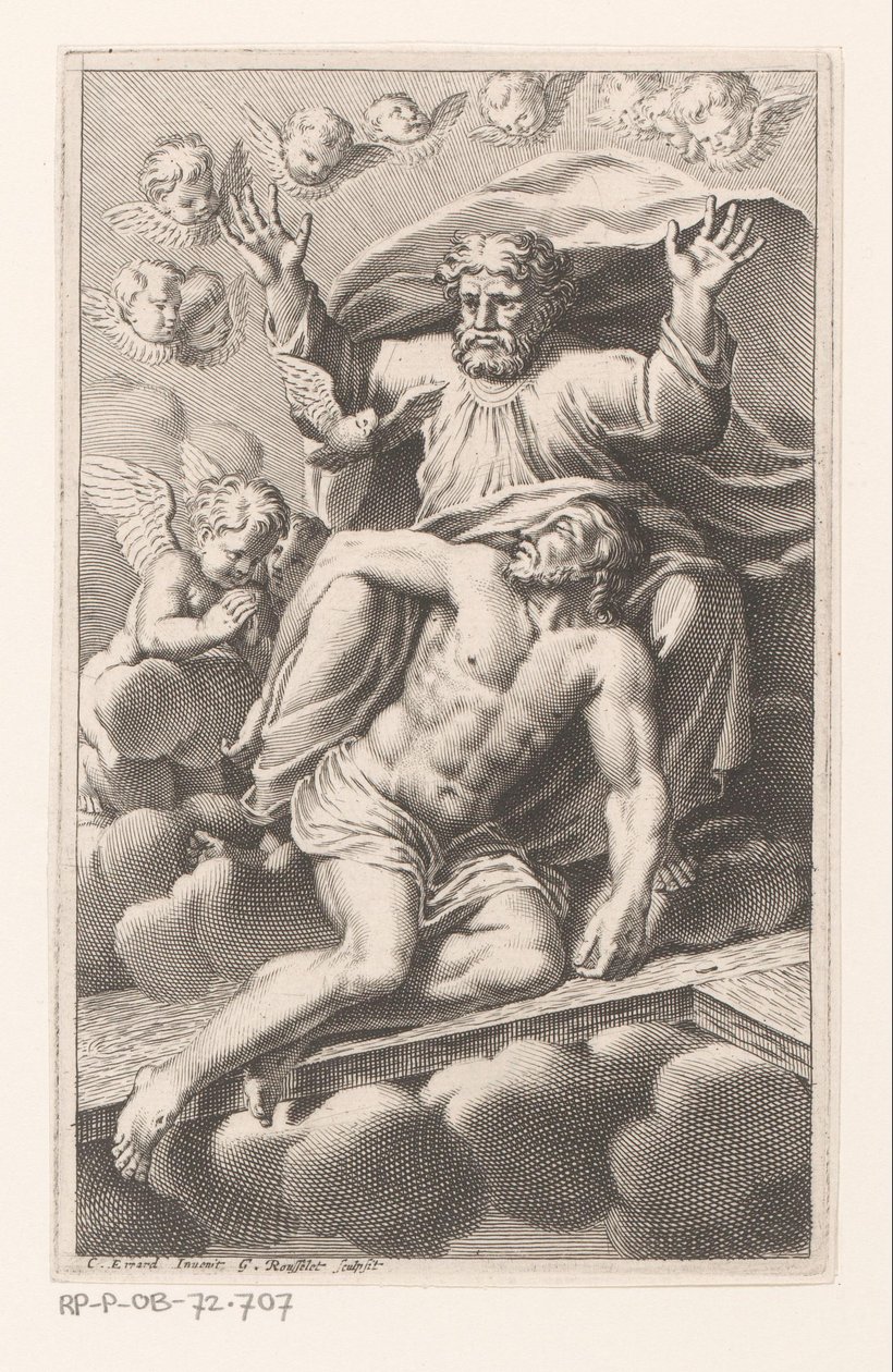 Drieëenheid op wolken omgeven door cherubs door Gilles Rousselet